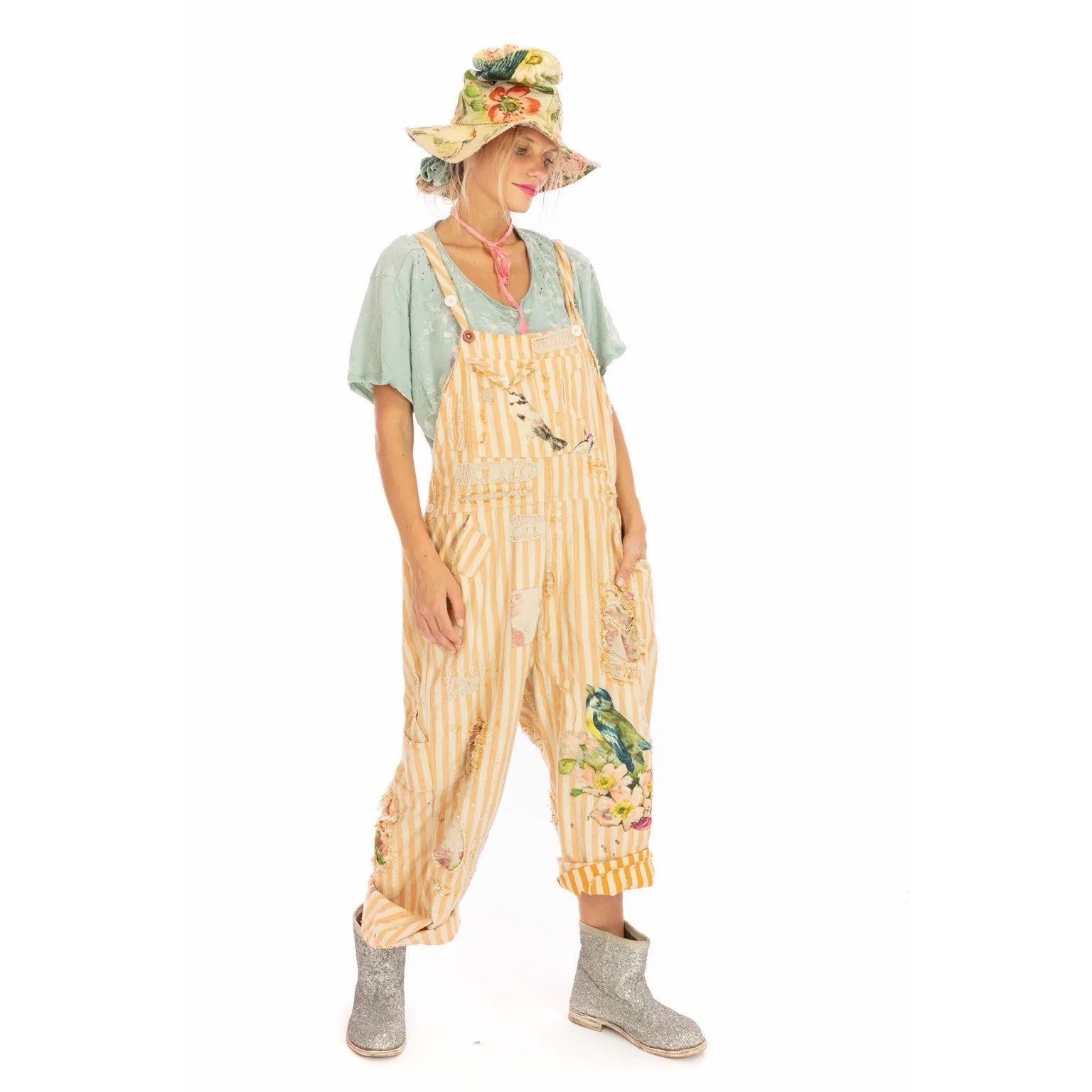 Magnolia Pearl Dreamsicle Stripe Overalls Floral Birds Applique European Cotton